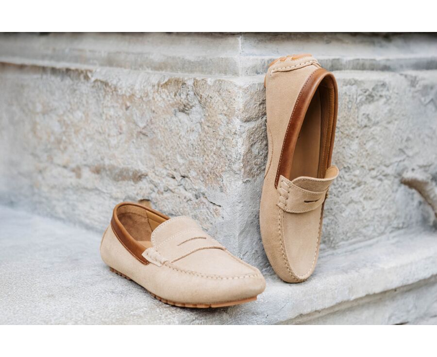 Beige Suede with Chestnut Trim - Men's Driving Moccassins - FERGUSON
