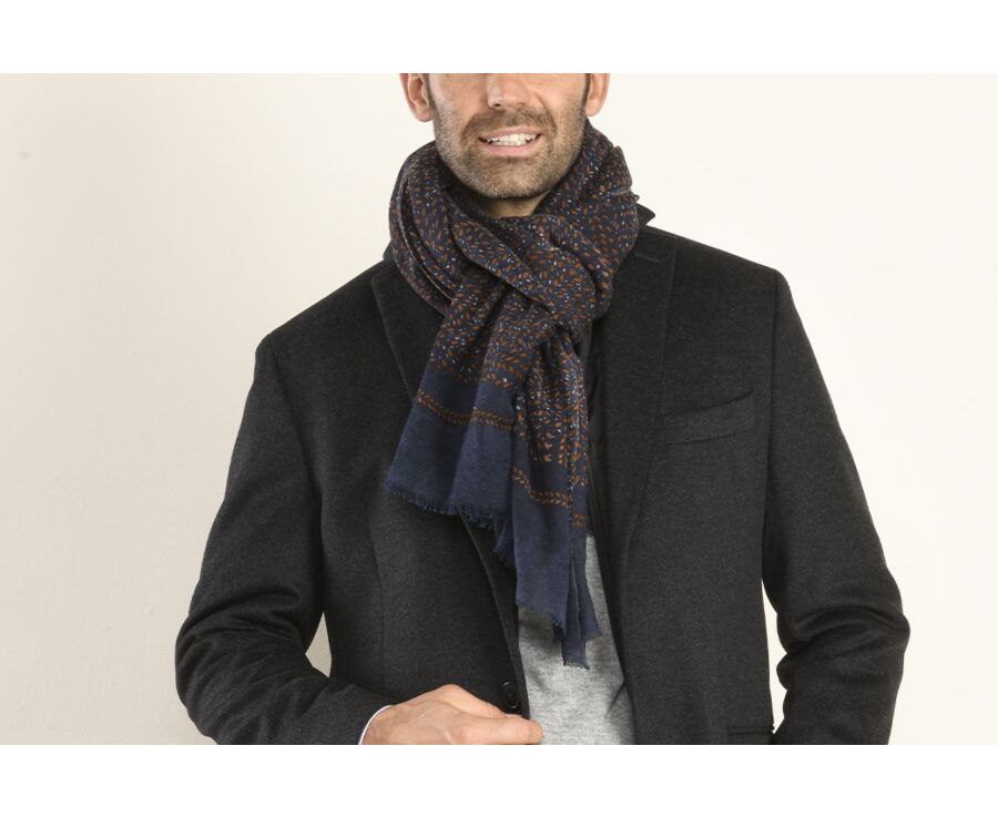 Tawny and Grey patterned Navy Wool scarf