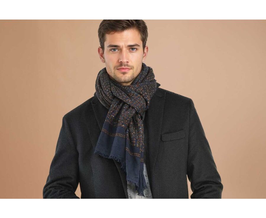 Tawny and Grey patterned Navy Wool scarf