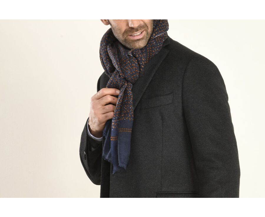 Tawny and Grey patterned Navy Wool scarf