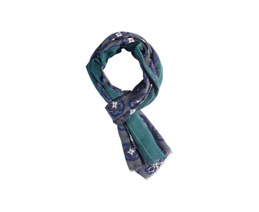 Khaki patterned Indigo & green Wool scarf