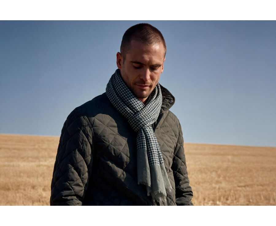 Men's khaki & indigo checked woolen scarf