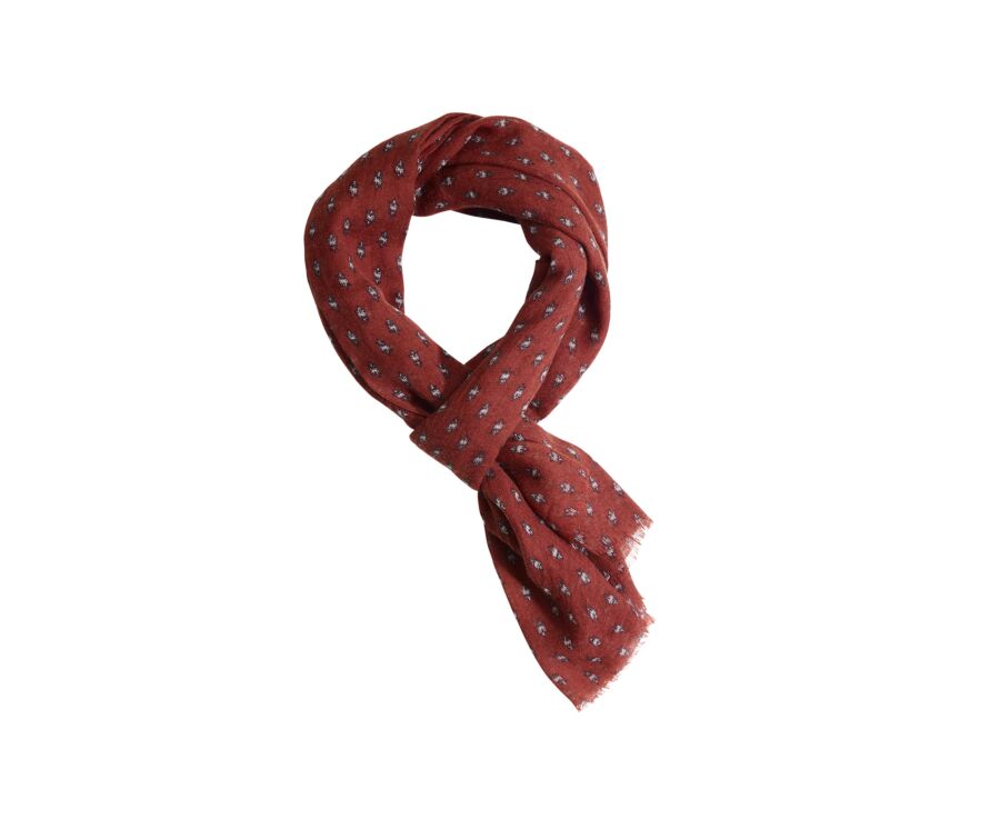 Men's brick red woolen scarf with beige pattern