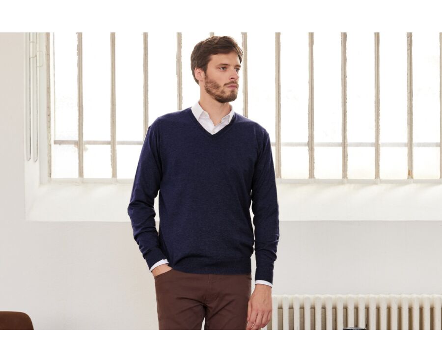 Navy organic cotton/cashmere thin v-neck jumper - VADIM