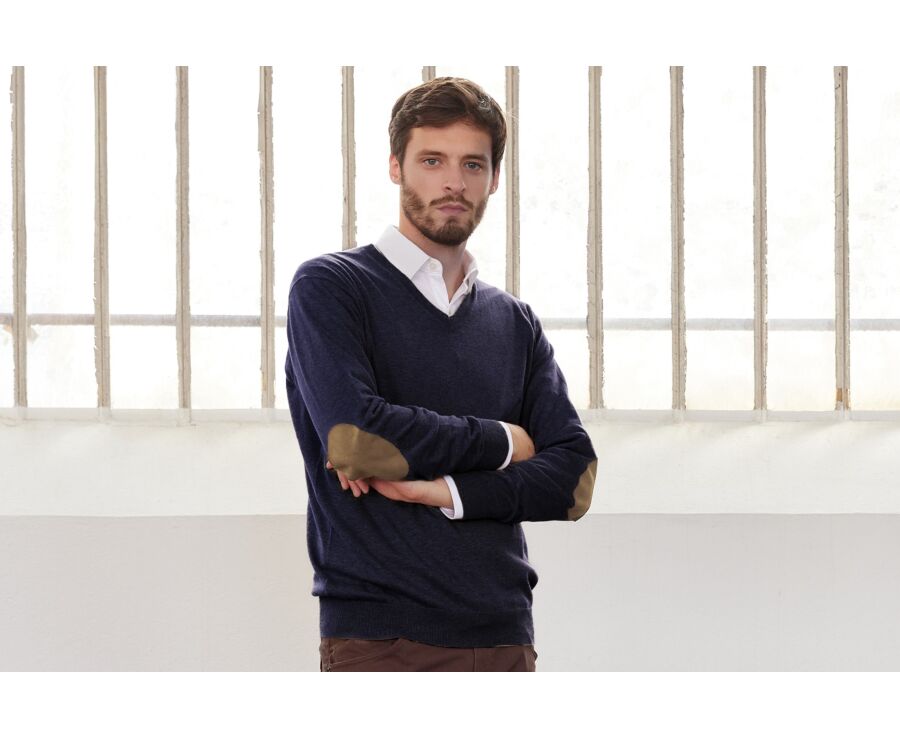 Navy organic cotton/cashmere thin v-neck jumper - VADIM