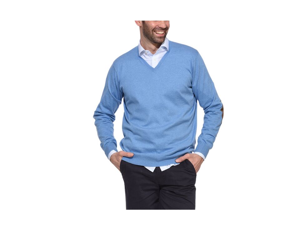 Blue Melange cotton/cashmere thin v-neck jumper - VADIM