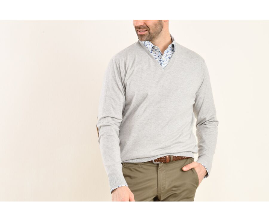 Light Grey Melange cotton/cashmere thin v-neck jumper - VADIM