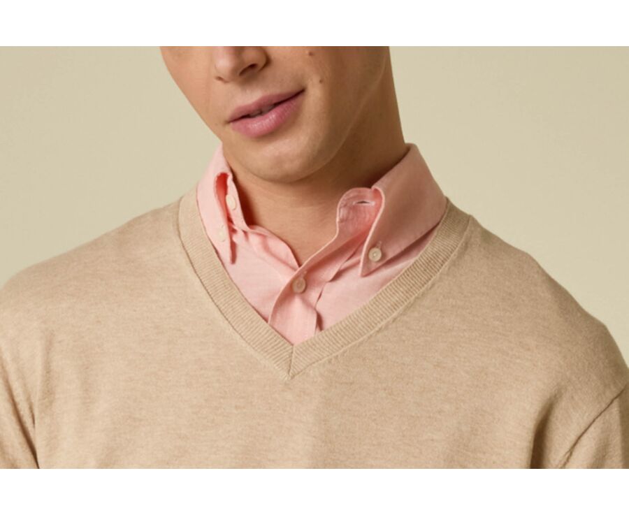 Beige Melange cotton/cashmere thin v-neck jumper - VADIM