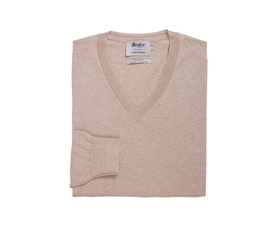 Beige Melange cotton/cashmere thin v-neck jumper - VADIM