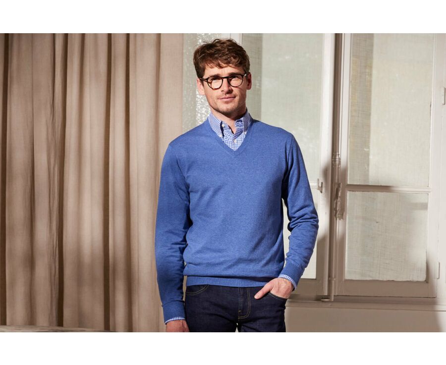 Middle Blue Melange cotton/cashmere thin v-neck jumper - VADIM