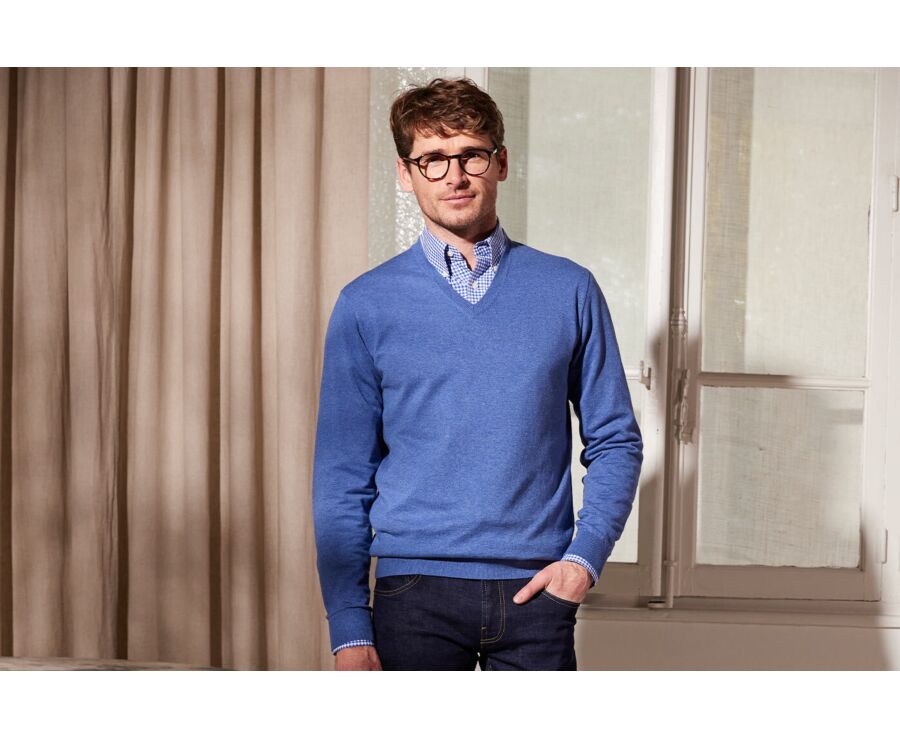 Middle Blue Melange organic cotton/cashmere thin v-neck jumper - VADIM