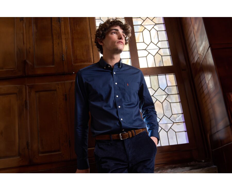 Navy shirt 100% cotton - Button down collar - ALVIN