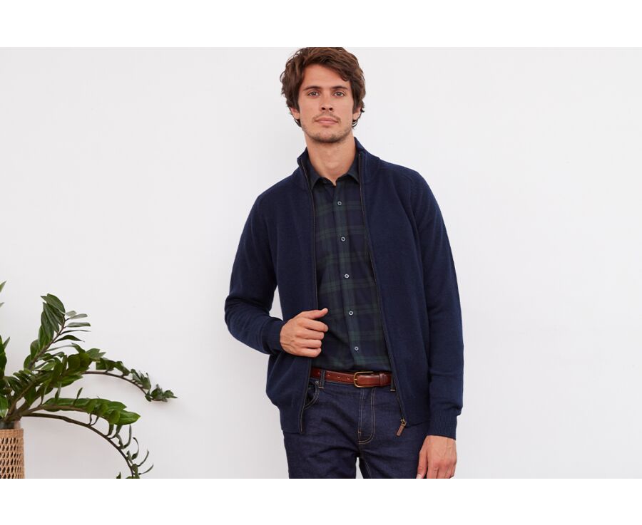 Navy Blue lambswool full zip sweater - KANE