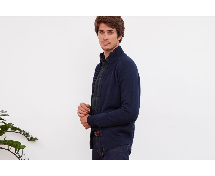 Navy Blue lambswool full zip sweater - KANE