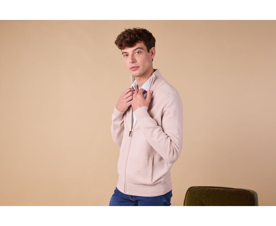 Light Beige Lambswool full zip Sweater - KANE