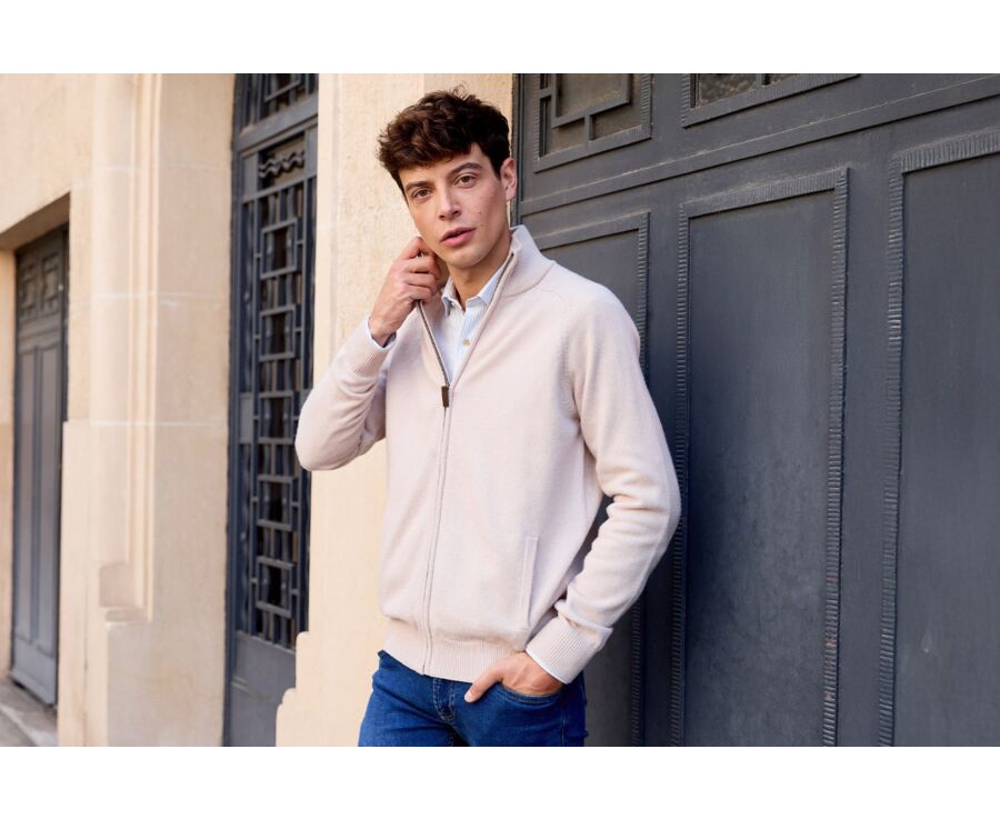 Light Beige Lambswool full zip Sweater - KANE
