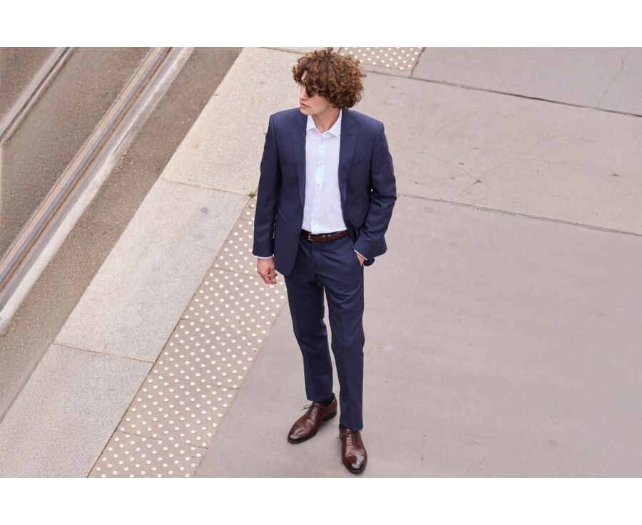 Men's Dark Blue Melange Suit Jacket - LAZARE