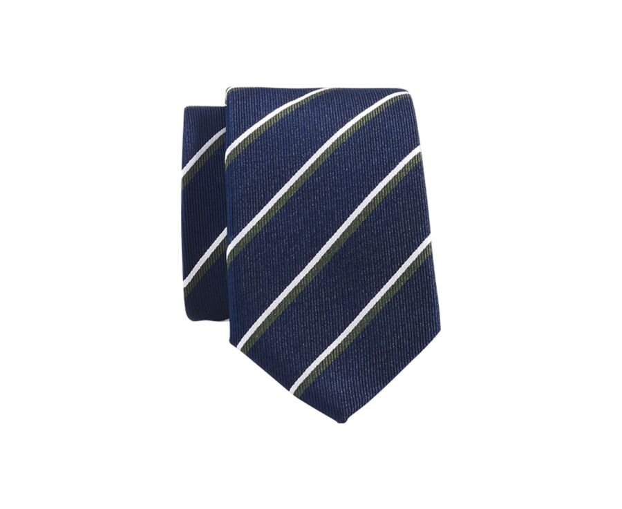 Navy Blue Green and Ecru Striped Silk Tie