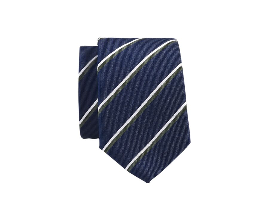 Navy Blue Green and Ecru Striped Silk Tie