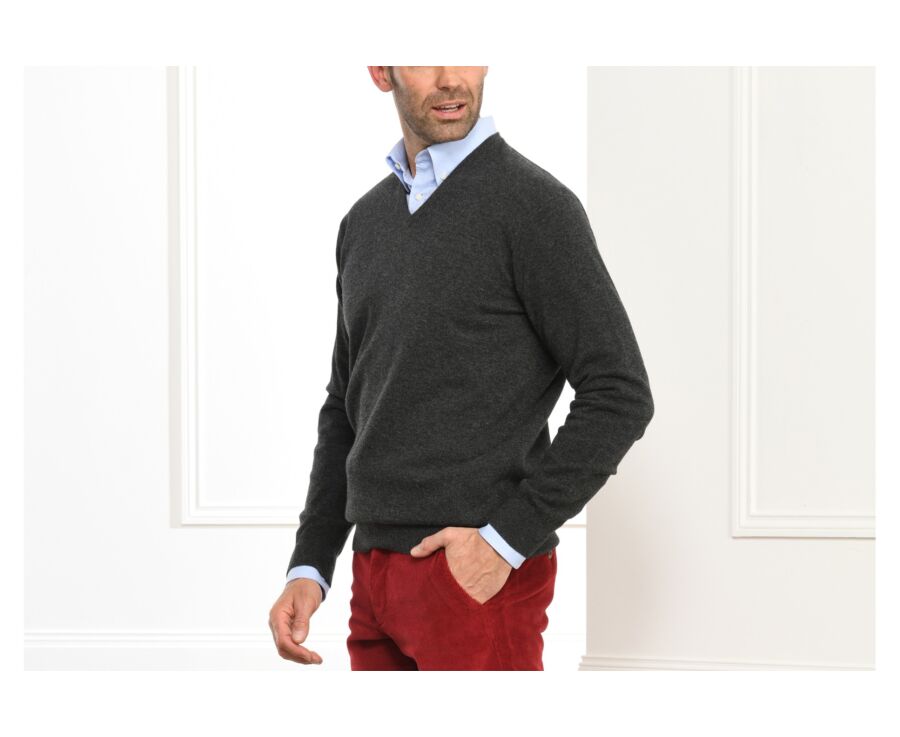 Grey Anthracite v-neck wool jumper - ELIAN