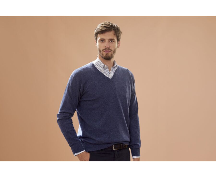 Dark Blue Melange v-neck wool jumper - ELIAN