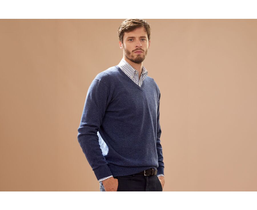 Dark Blue Melange v-neck wool jumper - ELIAN