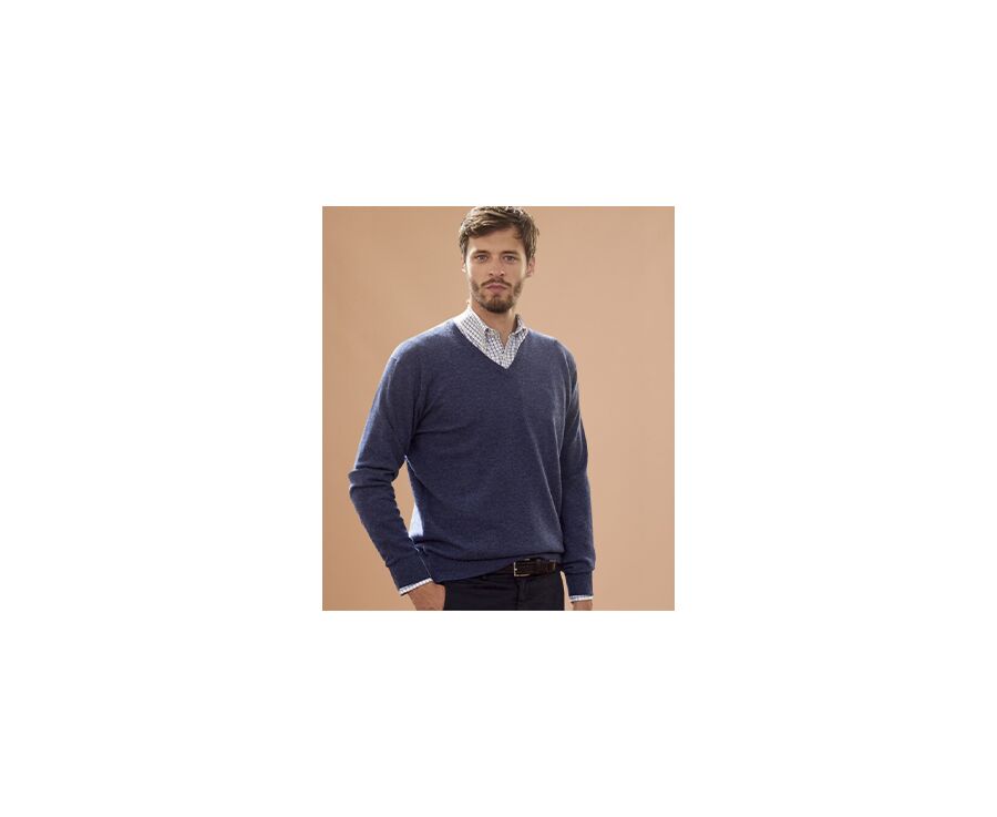 Dark Blue Melange v-neck wool jumper - ELIAN