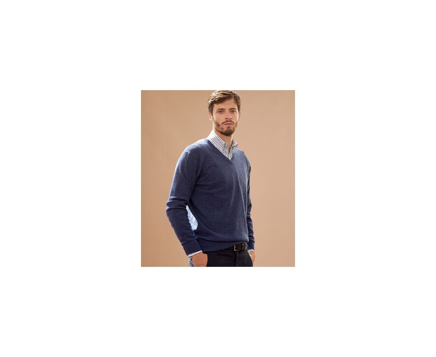 Dark Blue Melange v-neck wool jumper - ELIAN