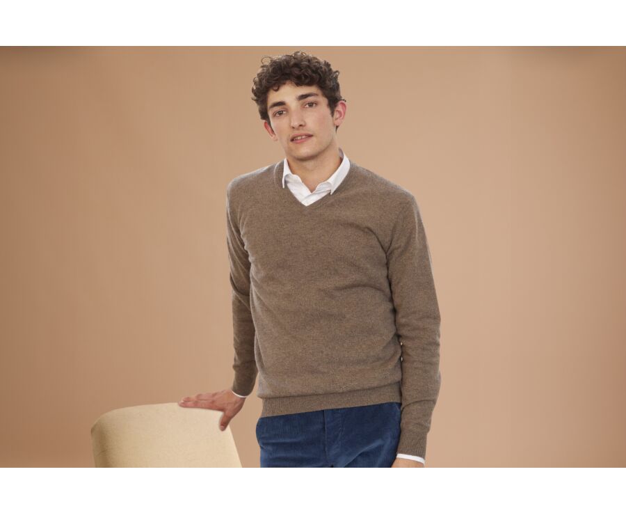 Taupe Grey Melange v-neck wool jumper - ELIAN