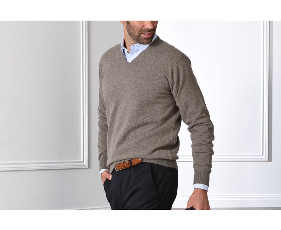 Taupe Grey Melange v-neck wool jumper - ELIAN