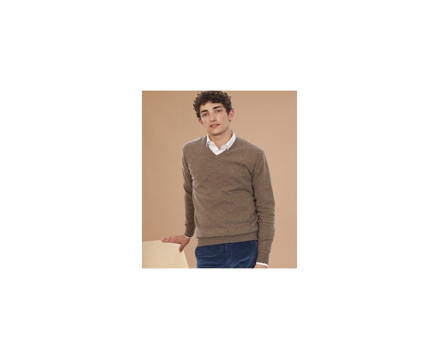 Taupe Grey Melange v-neck wool jumper - ELIAN