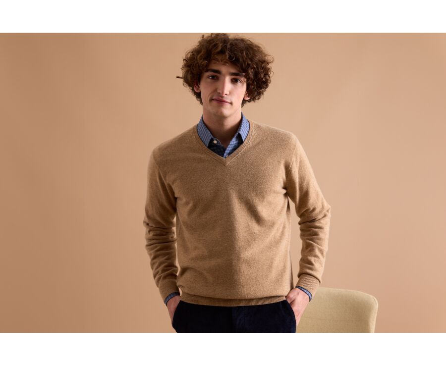 Dark Beige Melange v-neck wool jumper - ELIAN