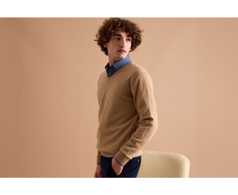 Dark Beige Melange v-neck wool jumper - ELIAN