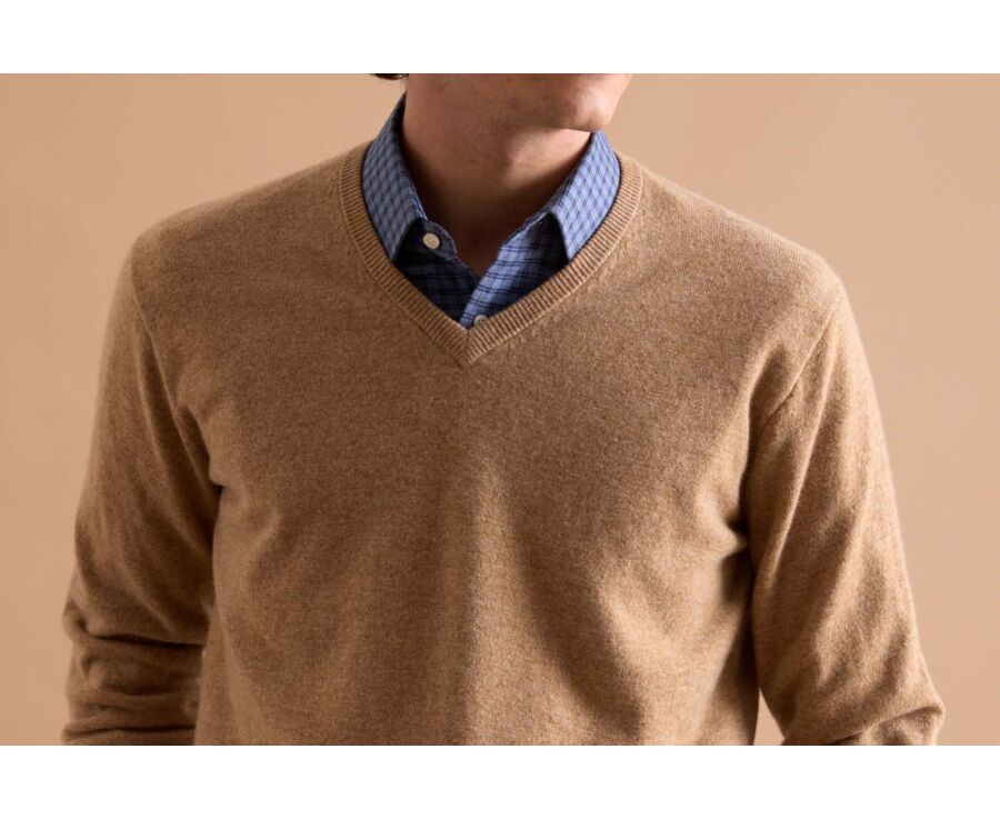 Dark Beige Melange v-neck wool jumper - ELIAN