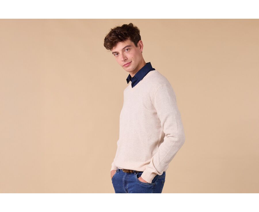 Light beige Melange V-neck wool jumper - ELIAN
