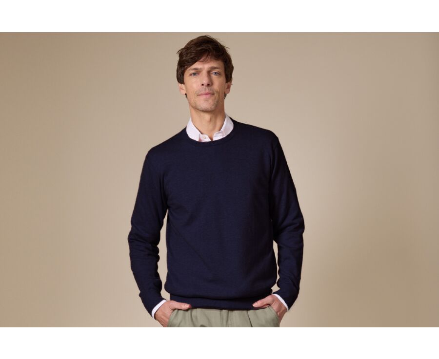 Navy organic cotton/cashmere Round collar thin jumper - VLADIMIR