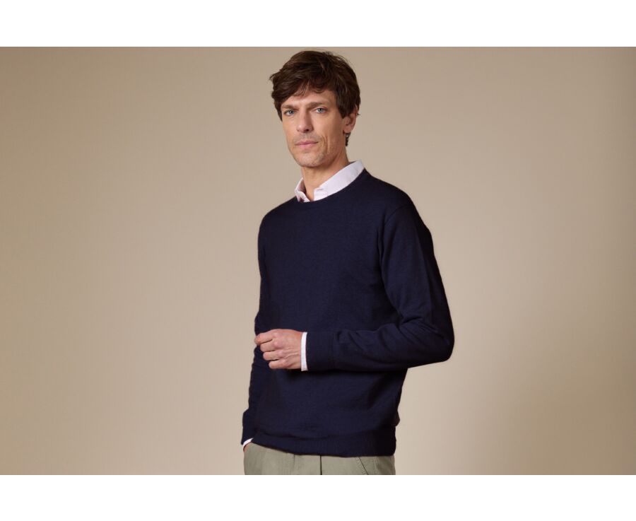 Navy organic cotton/cashmere Round collar thin jumper - VLADIMIR