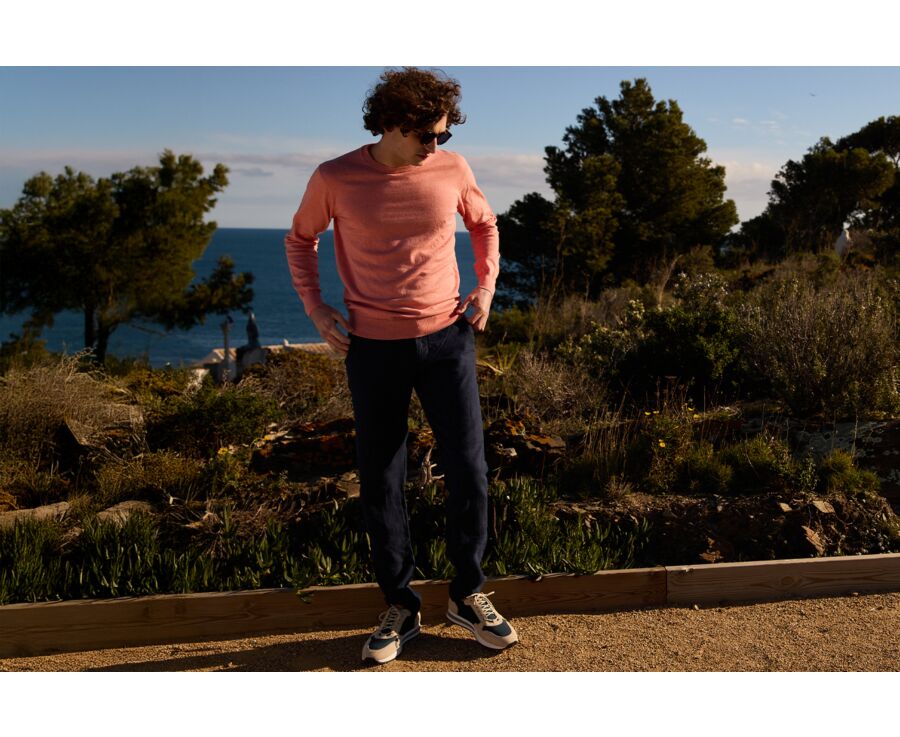 Slim Men's Sweater with Round Neck, Cotton/Cashmere, Heathered Orange - VLADIMIR