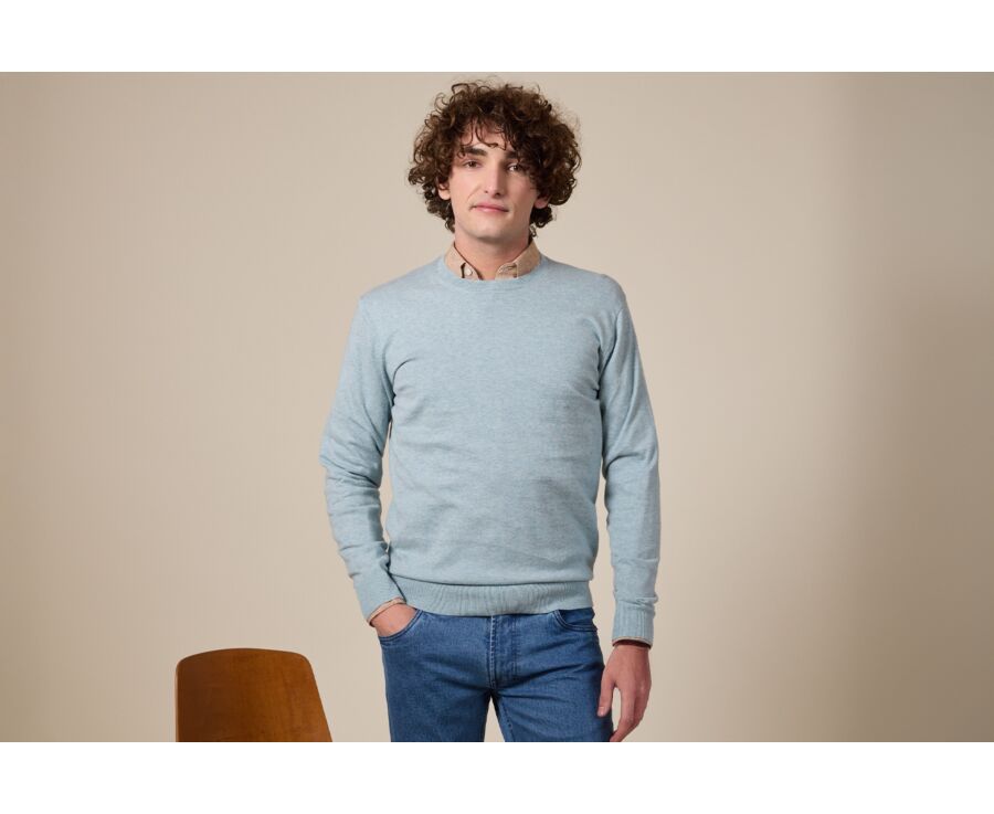 Slim Men's Sweater with Round Neck, Cotton/Cashmere, Pastel Blue - VLADIMIR
