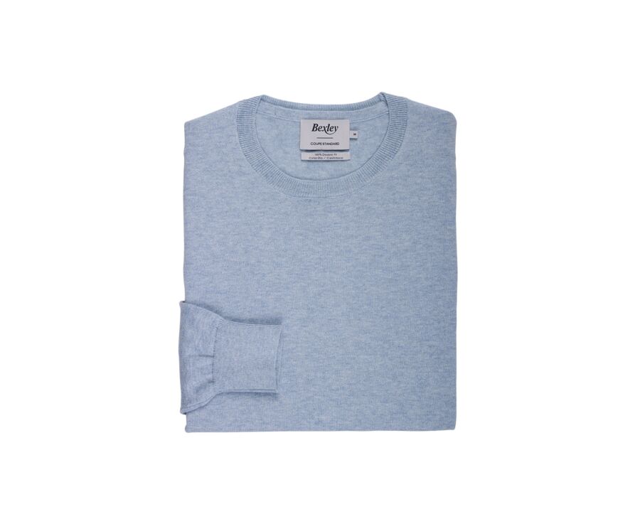 Slim Men's Sweater with Round Neck, Cotton/Cashmere, Pastel Blue - VLADIMIR