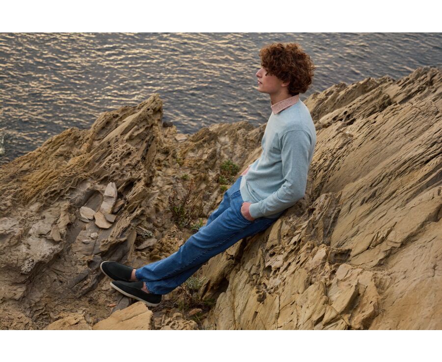 Slim Men's Sweater with Round Neck, Cotton/Cashmere, Pastel Blue - VLADIMIR