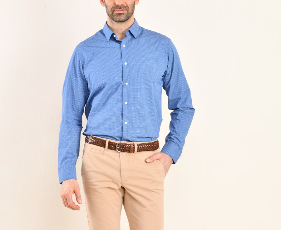 Indigo Blue shirt with white prints - Straight collar - ALPHONSE