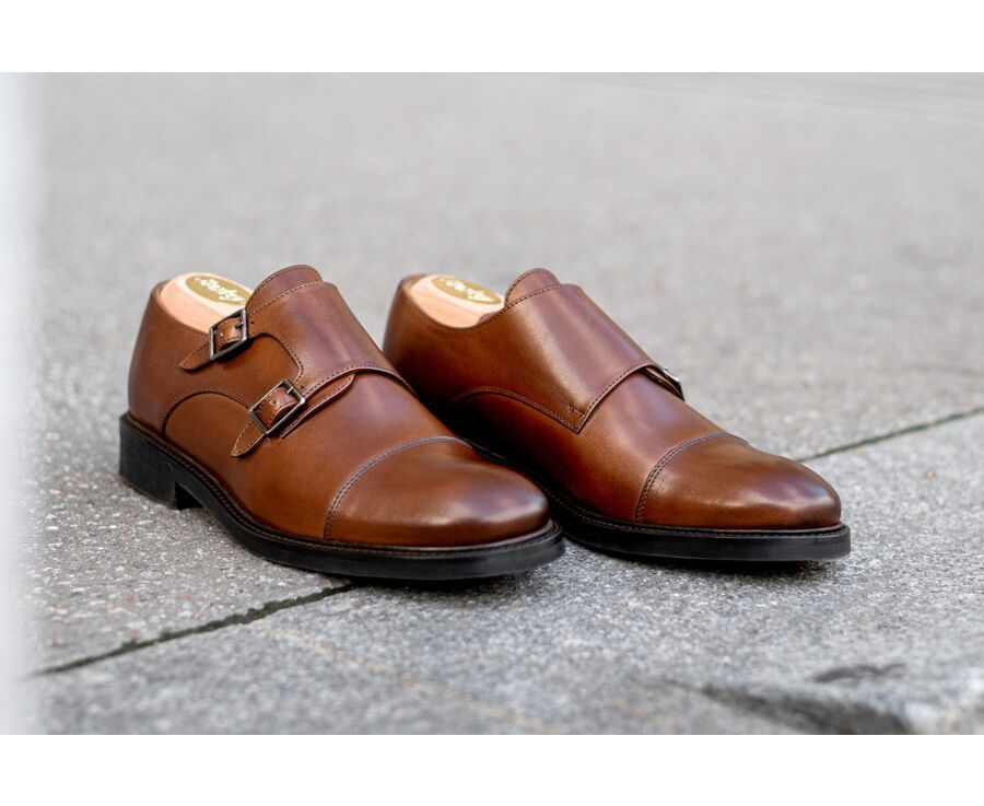 Patinated Chestnut Double Buckle Shoes - LINDSEY GOMME CITY