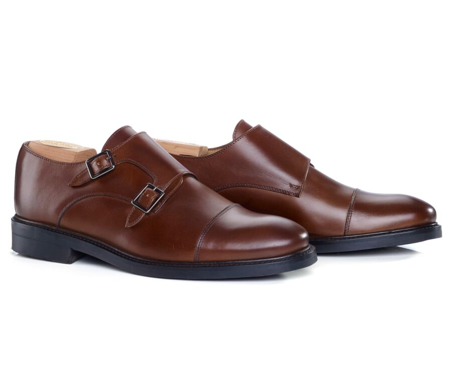 Patinated Chestnut Double Buckle Shoes - LINDSEY GOMME CITY