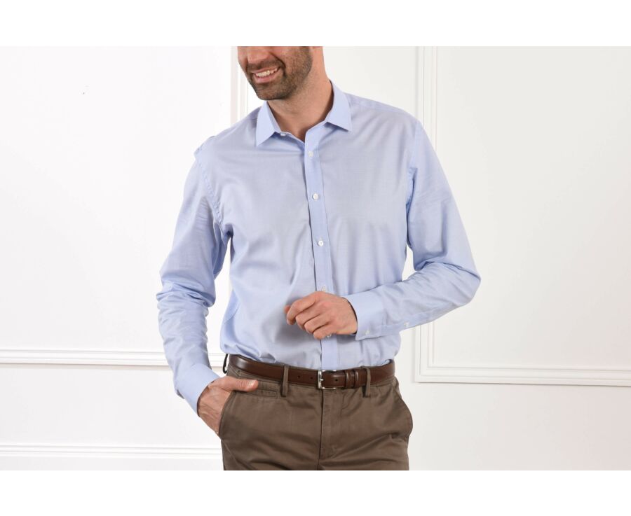 Blue and White Cotton shirt - Straight collar - GERMAIN