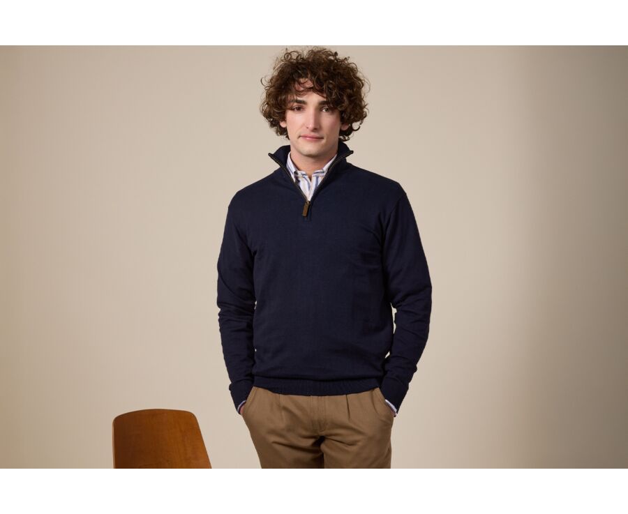 Navy organic cotton/cashmere half-zip thin pullover - VLAD