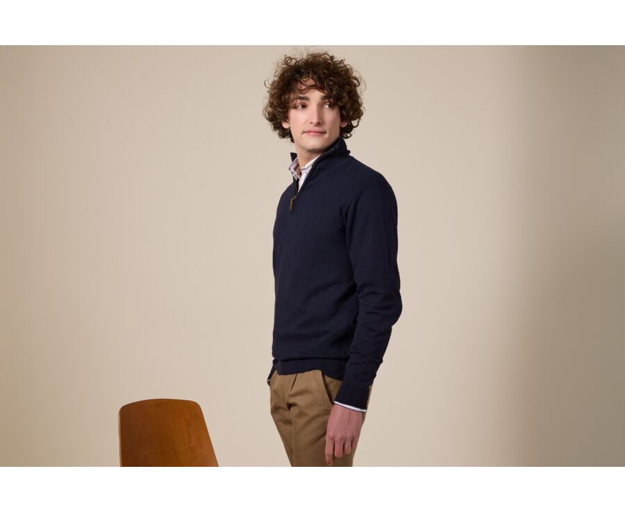 Navy organic cotton/cashmere half-zip thin pullover - VLAD