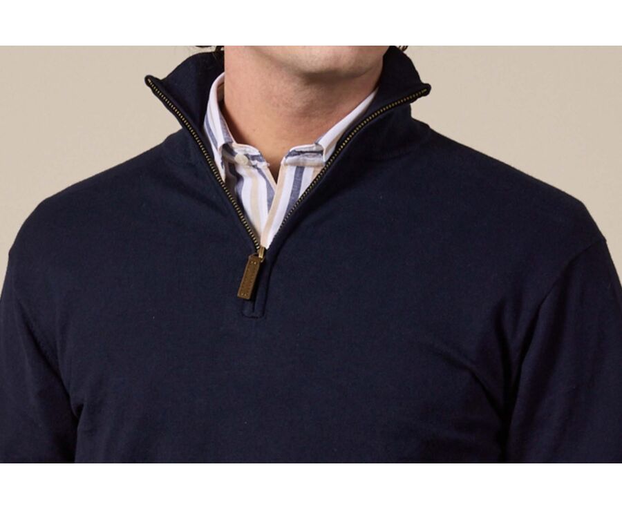 Navy organic cotton/cashmere half-zip thin pullover - VLAD