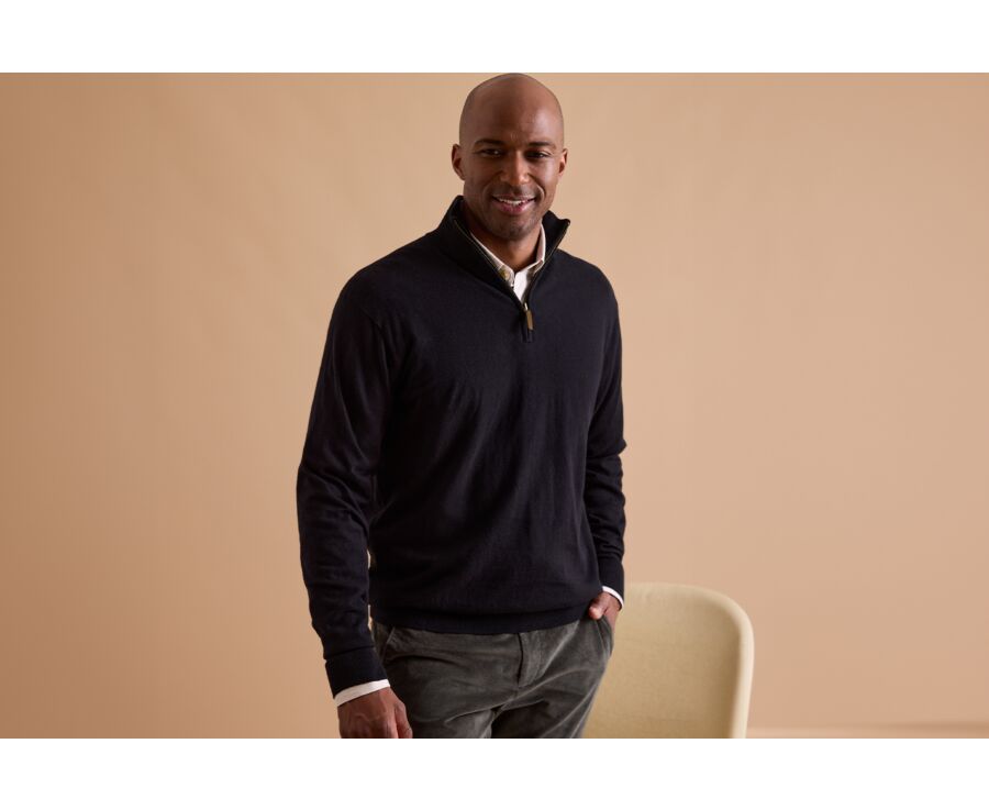 Black organic cotton/cashmere half-zip thin pullover - VLAD