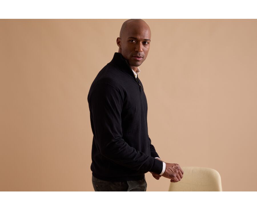 Black organic cotton/cashmere half-zip thin pullover - VLAD